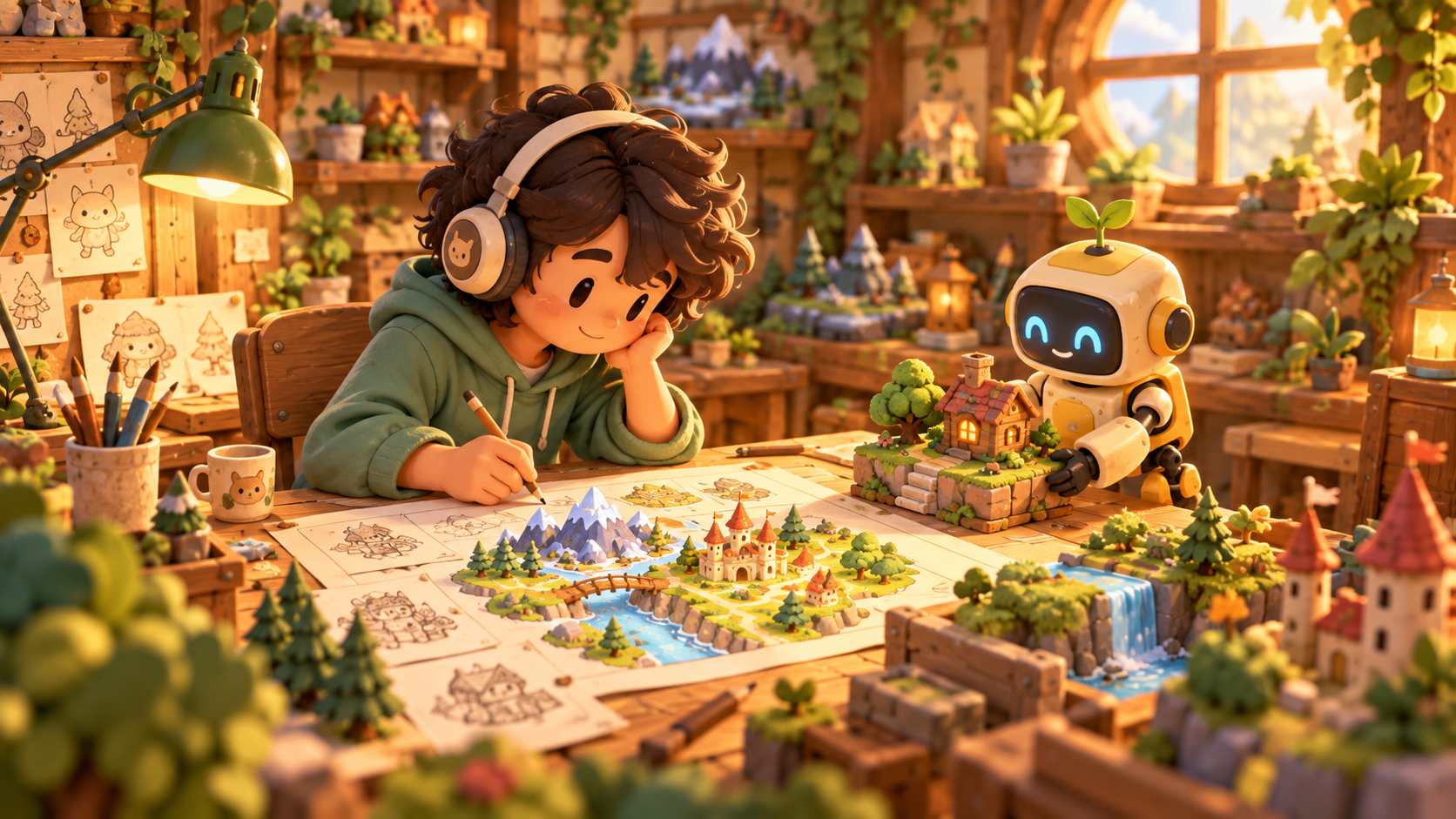 Developer áo xanh cùng robot nhỏ hoàn thiện một thế giới game trên bàn gỗ