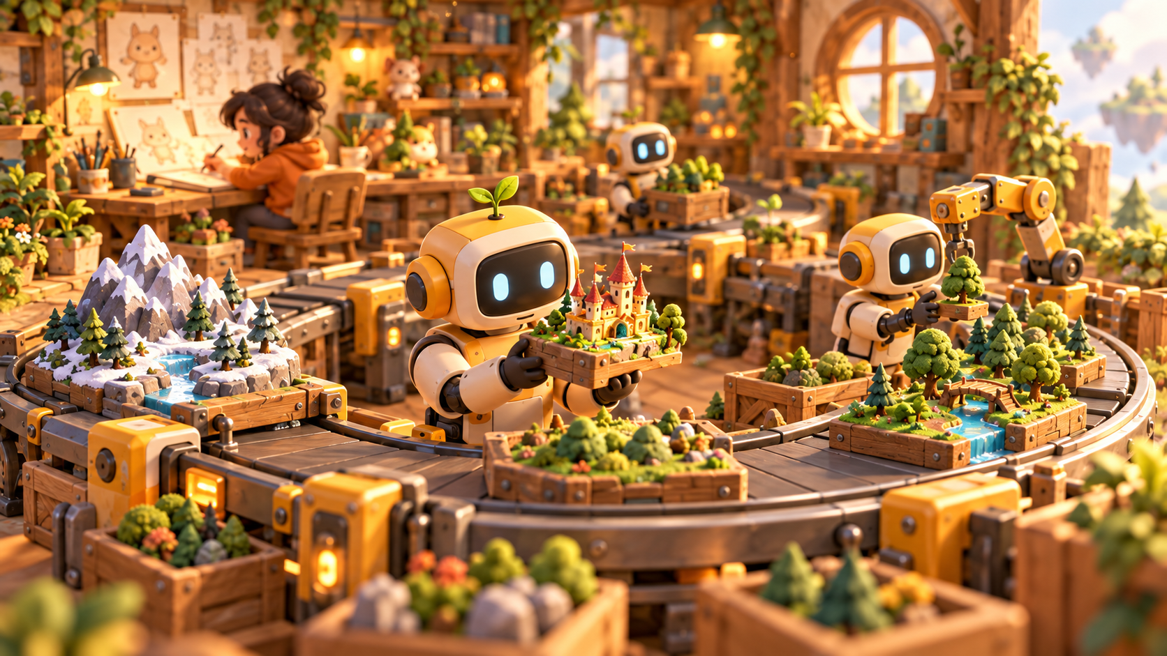 Đội robot phối hợp trên băng chuyền vòng lặp, tạo rừng và lâu đài thu nhỏ
